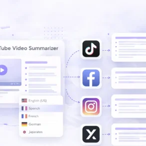 Interface of a YouTube video summarizer with language options and output summaries linked to TikTok, Facebook, Instagram, and X platforms.