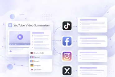 Interface of a YouTube video summarizer with language options and output summaries linked to TikTok, Facebook, Instagram, and X platforms.
