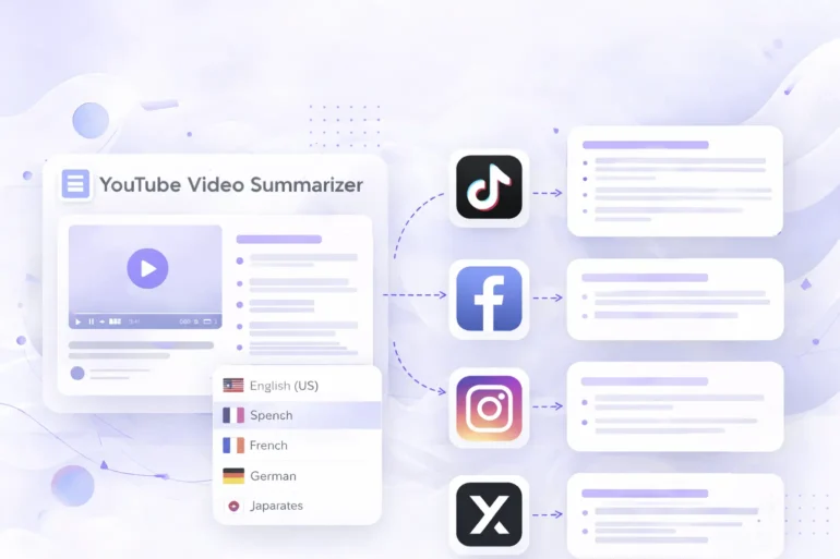 Interface of a YouTube video summarizer with language options and output summaries linked to TikTok, Facebook, Instagram, and X platforms.