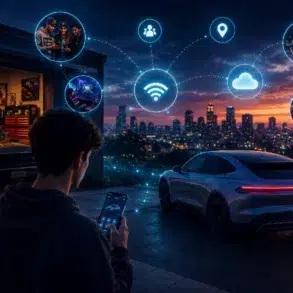 A person holds a smartphone near a sleek electric car parked outside a garage. Digital icons illustrate connectivity. City skyline at sunset in the background.