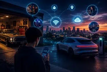A person holds a smartphone near a sleek electric car parked outside a garage. Digital icons illustrate connectivity. City skyline at sunset in the background.
