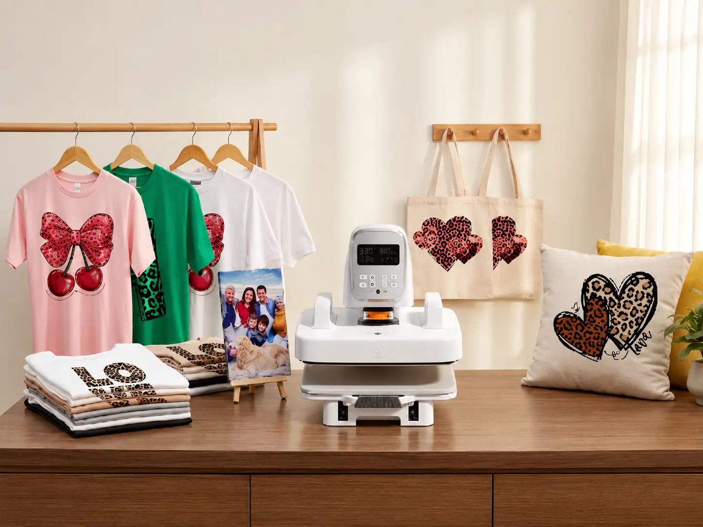 Heat press machine on wooden table surrounded by leopard print heart tote bags, pillow, and colorful graphic T-shirts.