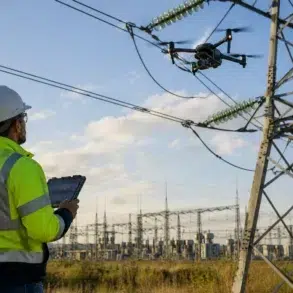 An engineer wearing a white hard hat and a high-visibility safety jacket uses a tablet to monitor a drone power line inspection near a large electrical pylon.