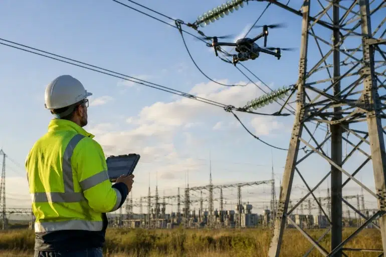 An engineer wearing a white hard hat and a high-visibility safety jacket uses a tablet to monitor a drone power line inspection near a large electrical pylon.
