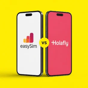 Two smartphones on a bright yellow background comparing easySim and Holafly travel eSIM services, with a small “vs” badge between the phones.