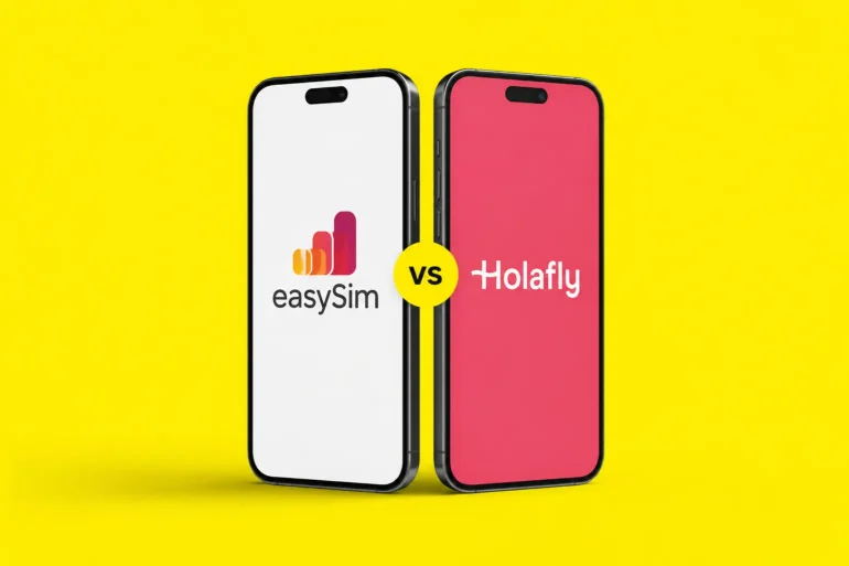 Two smartphones on a bright yellow background comparing easySim and Holafly travel eSIM services, with a small “vs” badge between the phones.
