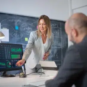 A woman in a gray suit gestures at a computer screen displaying financial graphs during a business meeting. Colleagues listen intently, with a chalkboard in the background.