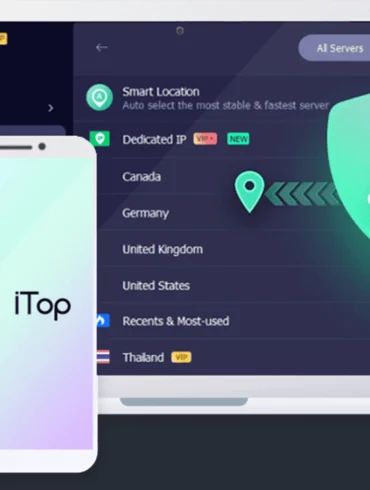 A smartphone and laptop display iTop VPN interfaces. The laptop shows server options and a shield icon, while the phone displays the iTop logo.