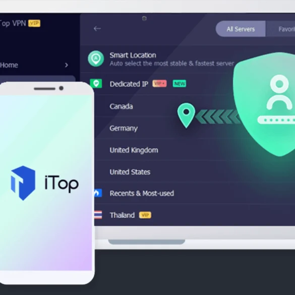 A smartphone and laptop display iTop VPN interfaces. The laptop shows server options and a shield icon, while the phone displays the iTop logo.
