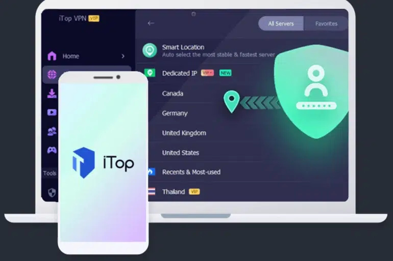 A smartphone and laptop display iTop VPN interfaces. The laptop shows server options and a shield icon, while the phone displays the iTop logo.