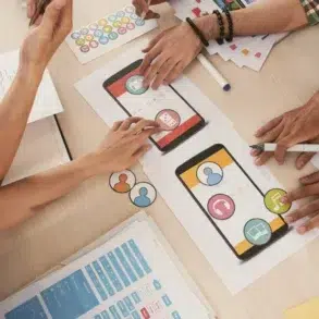 Overhead view of diverse hands collaborating on smartphone app designs at a desk. Colorful icons and sketches suggest teamwork and creativity.