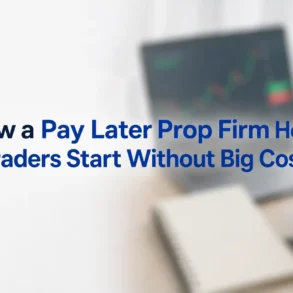Text on image in blue reads, "How a Pay Later Prop Firm Helps Traders Start Without Big Costs." Background shows blurred desk with laptop, notebook, and plant.