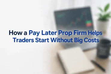 Text on image in blue reads, "How a Pay Later Prop Firm Helps Traders Start Without Big Costs." Background shows blurred desk with laptop, notebook, and plant.