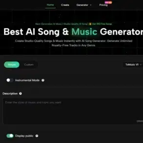 ToMusic.ai homepage featuring a tool for AI song and music generation with a sleek, dark interface. Images of abstract art and portraits surround a central panel with options for creating music, including genres and instrumental mode settings.