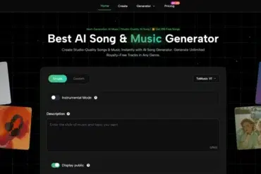 ToMusic.ai homepage featuring a tool for AI song and music generation with a sleek, dark interface. Images of abstract art and portraits surround a central panel with options for creating music, including genres and instrumental mode settings.