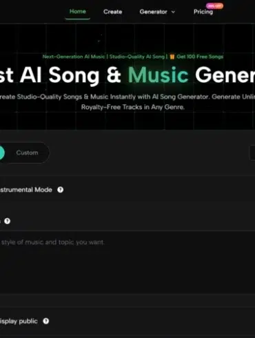 ToMusic.ai homepage featuring a tool for AI song and music generation with a sleek, dark interface. Images of abstract art and portraits surround a central panel with options for creating music, including genres and instrumental mode settings.