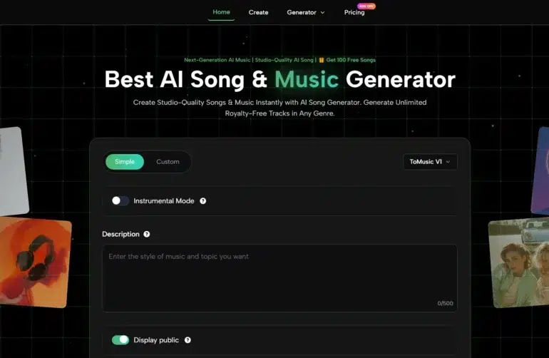 ToMusic.ai homepage featuring a tool for AI song and music generation with a sleek, dark interface. Images of abstract art and portraits surround a central panel with options for creating music, including genres and instrumental mode settings.