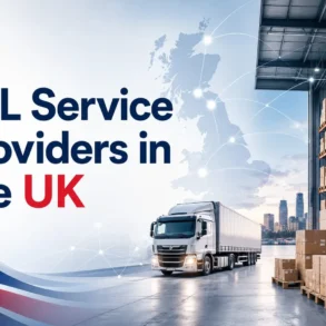 Warehouse with stacked boxes, a large truck, and a map of the UK highlighting 3PL service providers in the UK.
