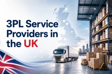 Warehouse with stacked boxes, a large truck, and a map of the UK highlighting 3PL service providers in the UK.