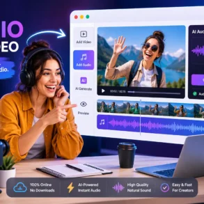 Person wearing headphones pointing at screen showing AI audio added to video editing software interface.