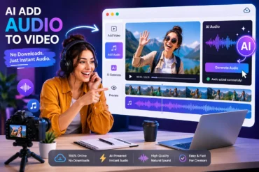 Person wearing headphones pointing at screen showing AI audio added to video editing software interface.
