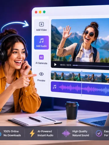 Person wearing headphones pointing at screen showing AI audio added to video editing software interface.