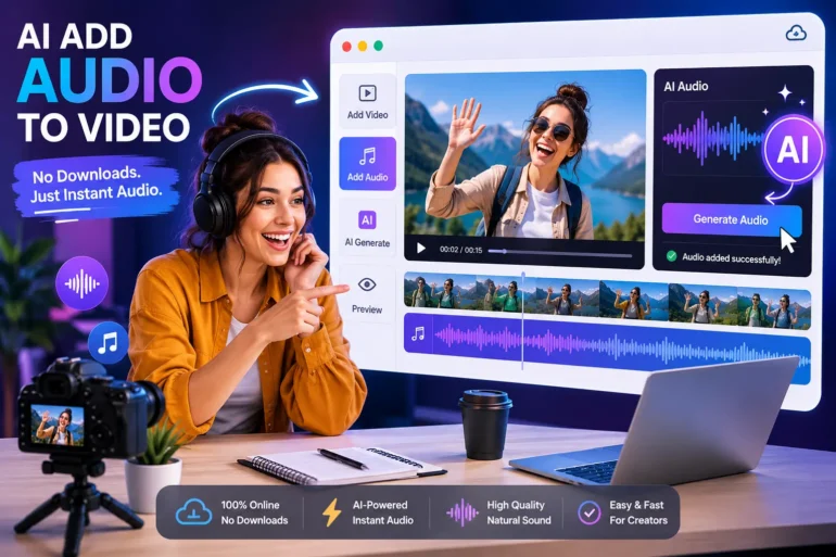 Person wearing headphones pointing at screen showing AI audio added to video editing software interface.