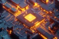 Close-up of a glowing orange microchip mounted on a dark blue circuit board with illuminated pathways.