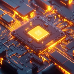 Close-up of a glowing orange microchip mounted on a dark blue circuit board with illuminated pathways.