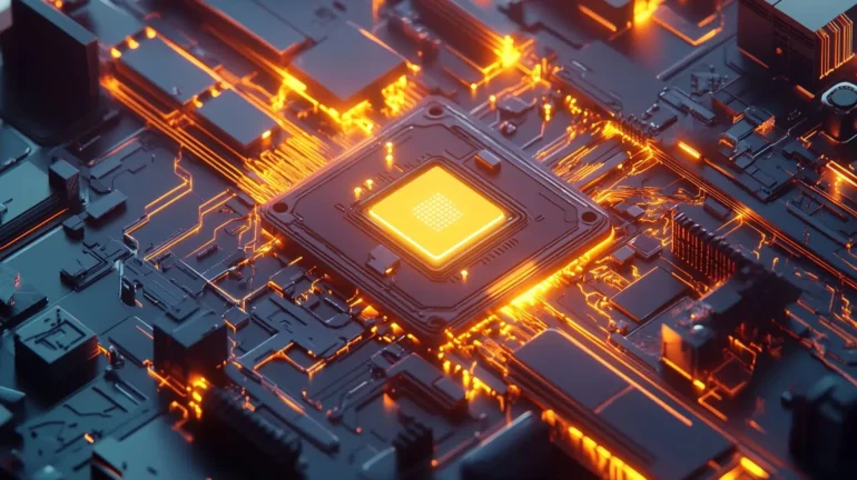 Close-up of a glowing orange microchip mounted on a dark blue circuit board with illuminated pathways.