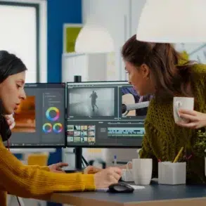 Two women collaborating in an office, focused on video editing software on a dual monitor setup. One holds a coffee, creating a productive atmosphere.