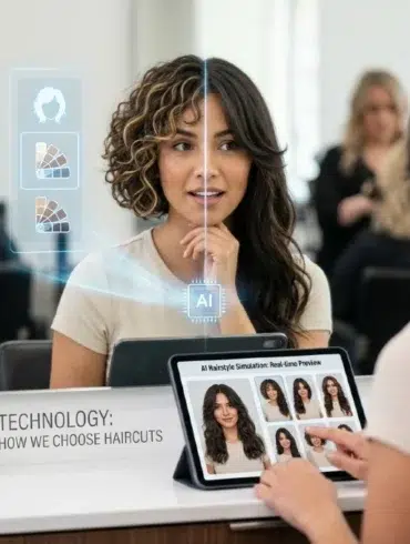 Woman in a salon uses a tablet displaying AI hairstyle simulations while a digital overlay shows hair color swatches.