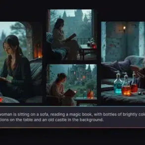 A woman reads a magic book on a sofa, surrounded by colorful potion bottles, with an old castle visible outside the window.