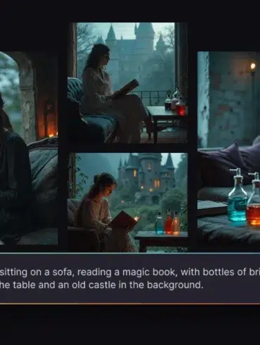A woman reads a magic book on a sofa, surrounded by colorful potion bottles, with an old castle visible outside the window.
