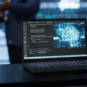 Laptop on a dark table displaying code on the left and a digital brain graphic on the right, with blurred figures in the background.