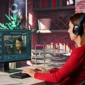 Person wearing headphones working on a computer with code on screen in a bright office with brick walls and office supplies.