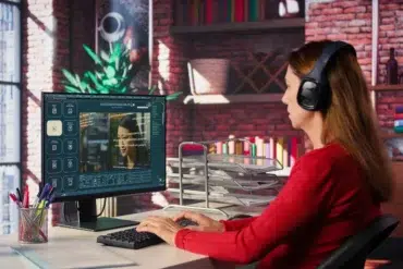 Person wearing headphones working on a computer with code on screen in a bright office with brick walls and office supplies.