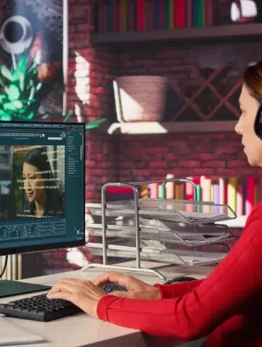Person wearing headphones working on a computer with code on screen in a bright office with brick walls and office supplies.