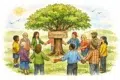 A diverse group of people holding hands in a circle around a tree with a "Recovery" sign in a peaceful outdoor setting.