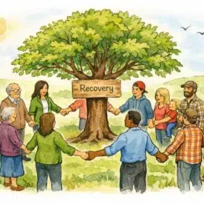 A diverse group of people holding hands in a circle around a tree with a "Recovery" sign in a peaceful outdoor setting.