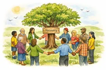 A diverse group of people holding hands in a circle around a tree with a "Recovery" sign in a peaceful outdoor setting.