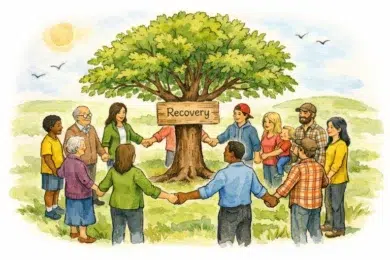 A diverse group of people holding hands in a circle around a tree with a "Recovery" sign in a peaceful outdoor setting.