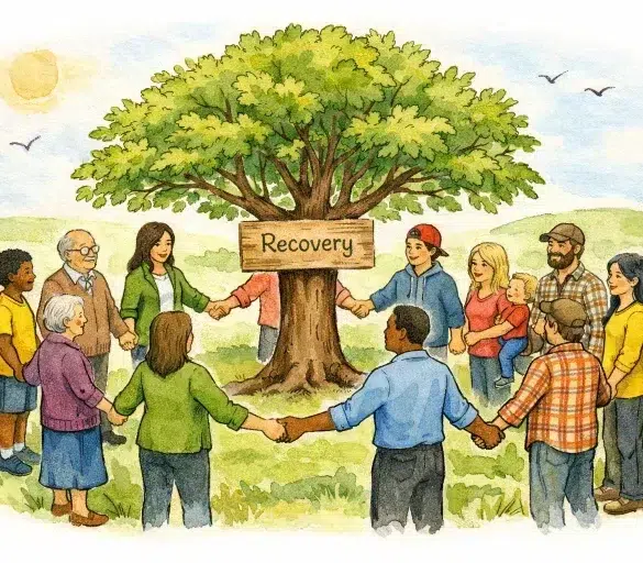 A diverse group of people holding hands in a circle around a tree with a "Recovery" sign in a peaceful outdoor setting.