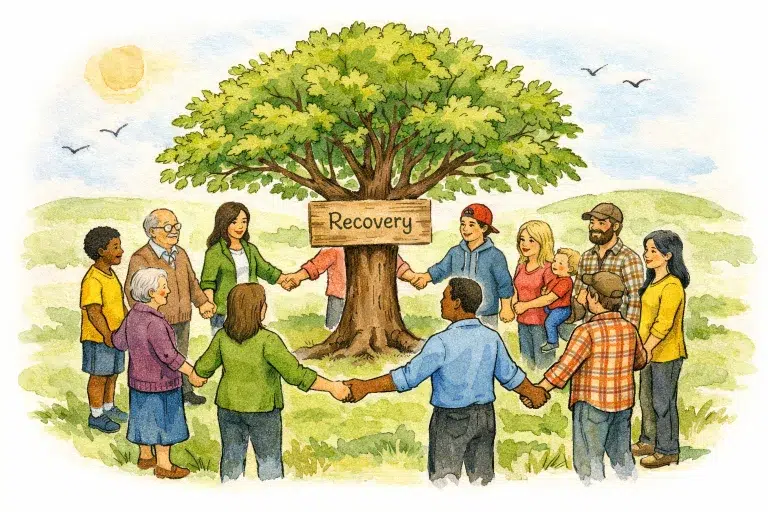 A diverse group of people holding hands in a circle around a tree with a "Recovery" sign in a peaceful outdoor setting.