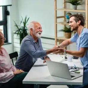 A doctor in scrubs warmly shakes hands with an elderly man in an office setting, while an elderly woman smiles beside him. The mood is friendly and positive.