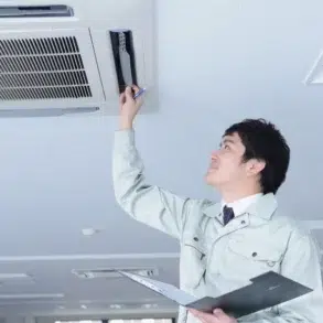 A technician in a light-colored uniform inspects a ceiling-mounted air conditioning unit in an office, holding a clipboard and tool, looking focused.