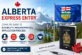 Alberta Express Entry guide with Canadian passport, Alberta flag, and cityscape background.