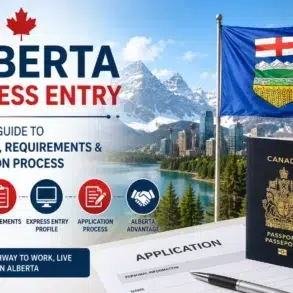 Alberta Express Entry guide with Canadian passport, Alberta flag, and cityscape background.