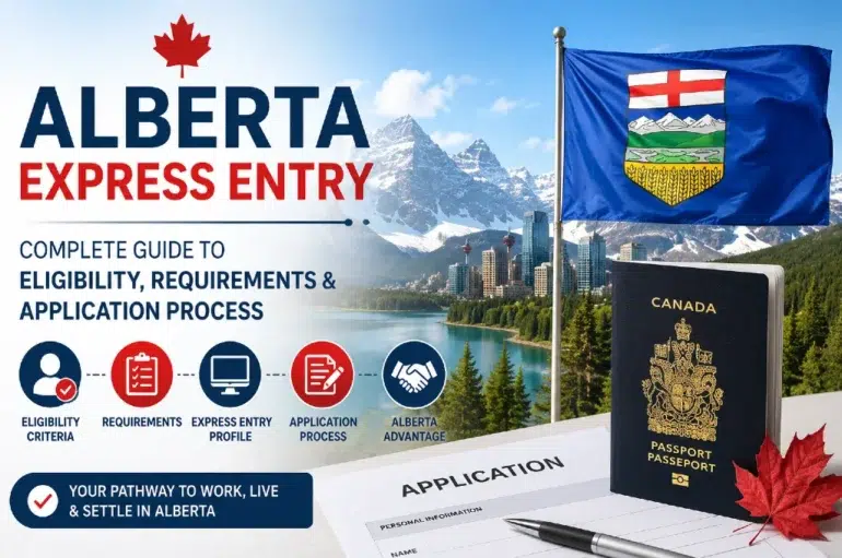 Alberta Express Entry guide with Canadian passport, Alberta flag, and cityscape background.