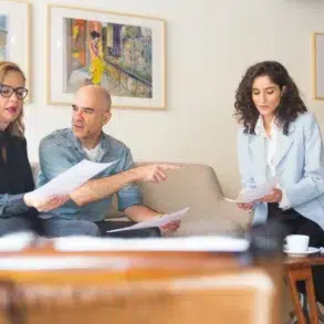 Three professionals discuss documents in a modern office setting with artwork on the wall.